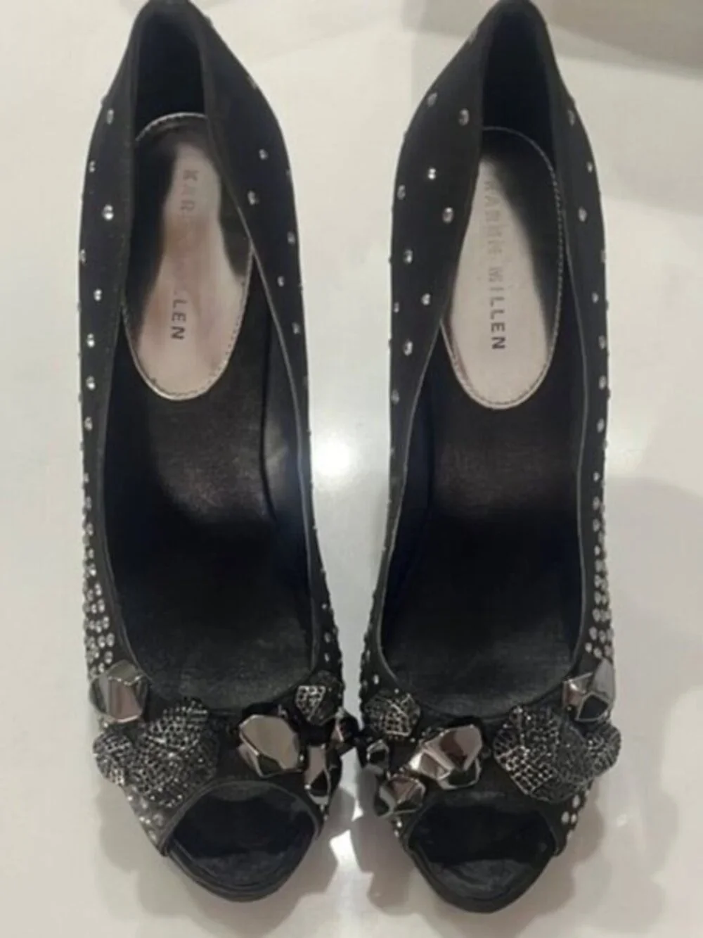Karen Millen Black Crystal Embellished Peep Toe Heels EU 39 US 8.5
